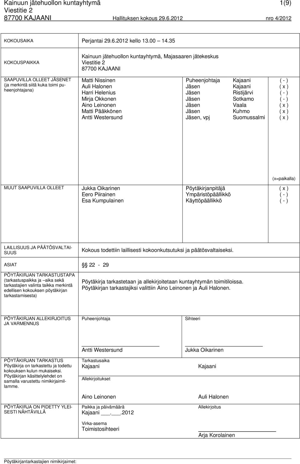 Helenius Mirja Okkonen Aino Leinonen Matti Pääkkönen Antti Westersund Puheenjohtaja, vpj Kajaani Kajaani Ristijärvi Sotkamo Vaala Kuhmo Suomussalmi (x=paikalla) MUUT SAAPUVILLA OLLEET Jukka Oikarinen
