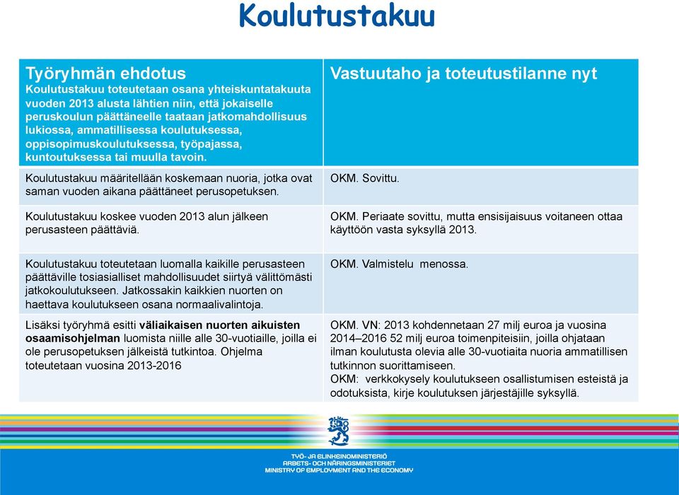 Koulutustakuu määritellään koskemaan nuoria, jotka ovat saman vuoden aikana päättäneet perusopetuksen. Vastuutaho ja toteutustilanne nyt OKM. Sovittu.
