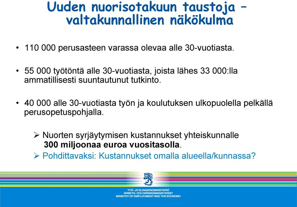 40 000 alle 30-vuotiasta työn ja koulutuksen ulkopuolella pelkällä perusopetuspohjalla.