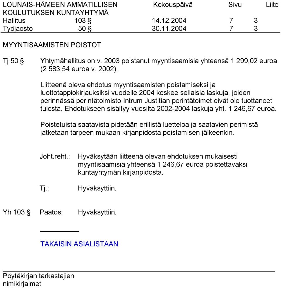 eivät ole tuottaneet tulosta. Ehdotukseen sisältyy vuosilta 2002-2004 laskuja yht. 1 246,67 euroa.