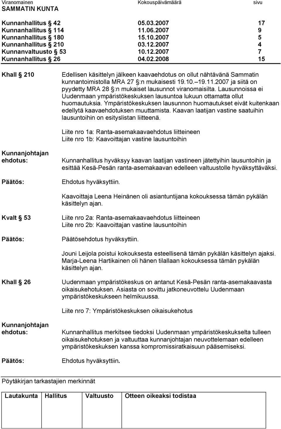 2007 ja siitä on pyydetty MRA 28 :n mukaiset lausunnot viranomaisilta. Lausunnoissa ei Uudenmaan ympäristökeskuksen lausuntoa lukuun ottamatta ollut huomautuksia.