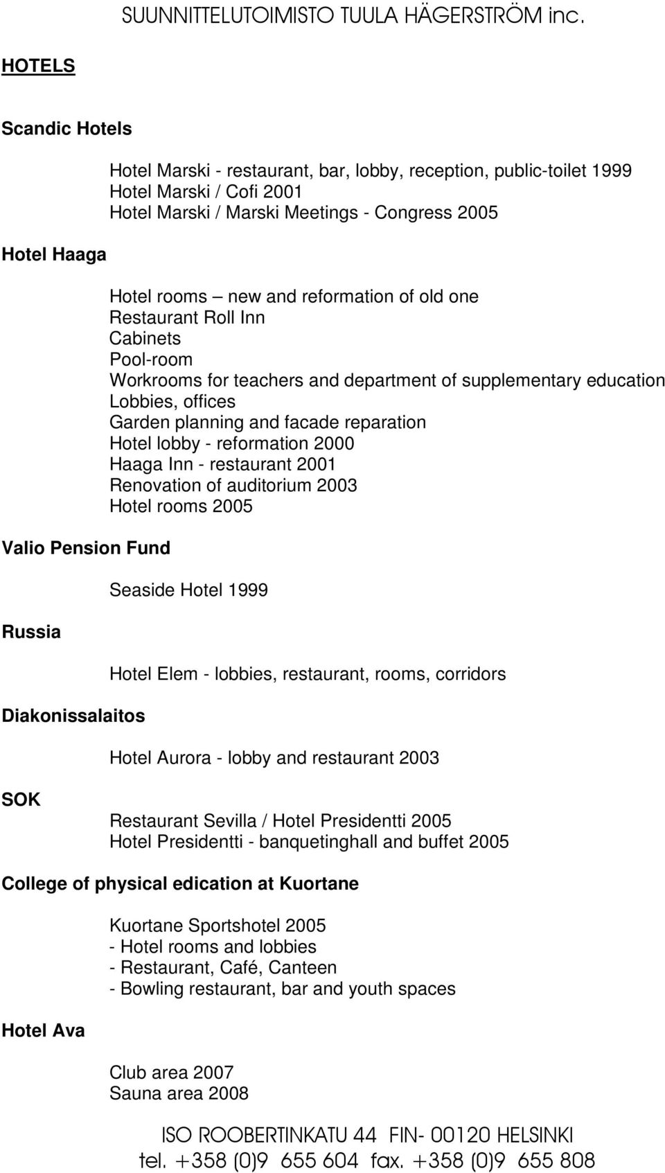 planning and facade reparation Hotel lobby - reformation 2000 Haaga Inn - restaurant 2001 Renovation of auditorium 2003 Hotel rooms 2005 Seaside Hotel 1999 Hotel Elem - lobbies, restaurant, rooms,