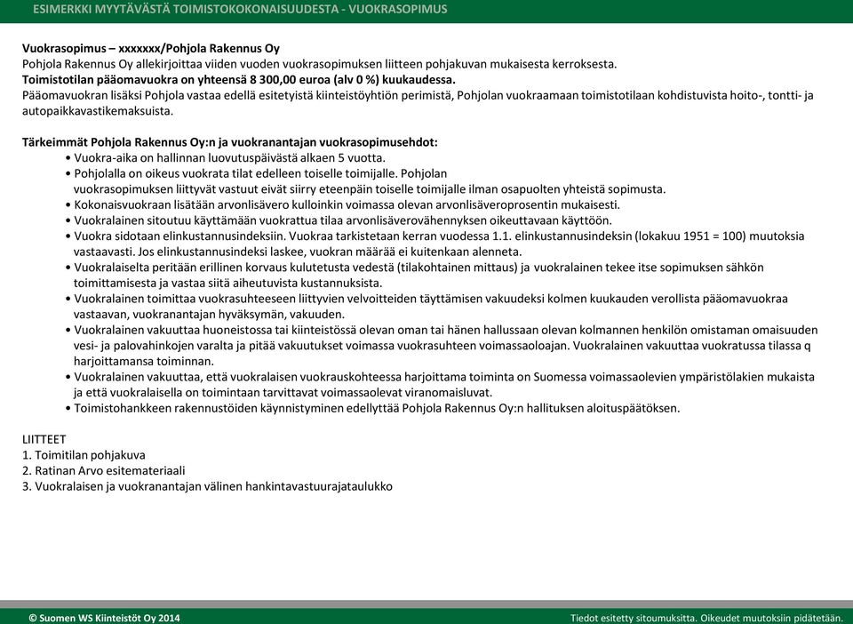 Pääomavuokran lisäksi Pohjola vastaa edellä esitetyistä kiinteistöyhtiön perimistä, Pohjolan vuokraamaan toimistotilaan kohdistuvista hoito-, tontti- ja autopaikkavastikemaksuista.