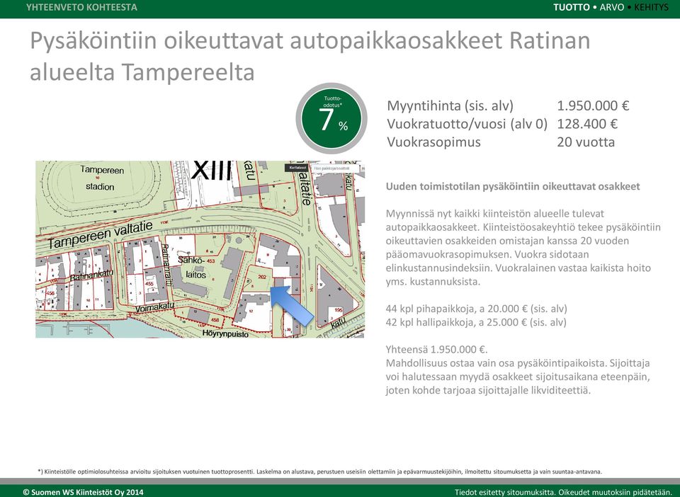 Kiinteistöosakeyhtiö tekee pysäköintiin oikeuttavien osakkeiden omistajan kanssa 20 vuoden pääomavuokrasopimuksen. Vuokra sidotaan elinkustannusindeksiin. Vuokralainen vastaa kaikista hoito yms.