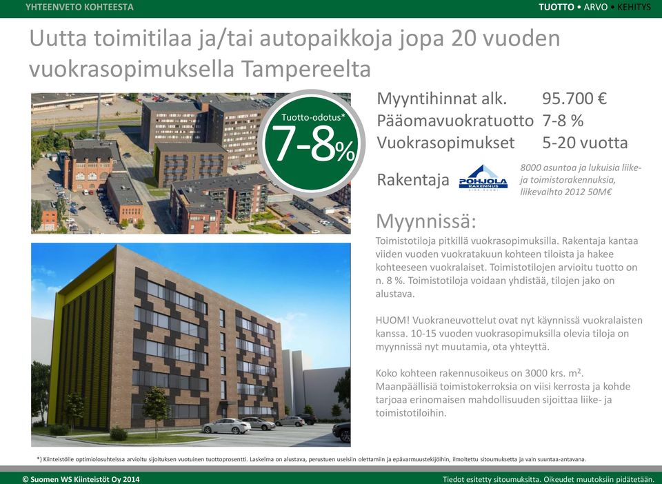 Rakentaja kantaa viiden vuoden vuokratakuun kohteen tiloista ja hakee kohteeseen vuokralaiset. Toimistotilojen arvioitu tuotto on n. 8 %. Toimistotiloja voidaan yhdistää, tilojen jako on alustava.