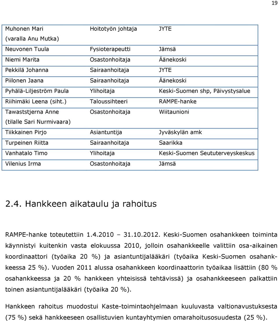 ) Taloussihteeri RAMPE-hanke Tawaststjerna Anne Osastonhoitaja Wiitaunioni (tilalle Sari Nurmivaara) Tiikkainen Pirjo Asiantuntija Jyväskylän amk Turpeinen Riitta Sairaanhoitaja Saarikka Vanhatalo