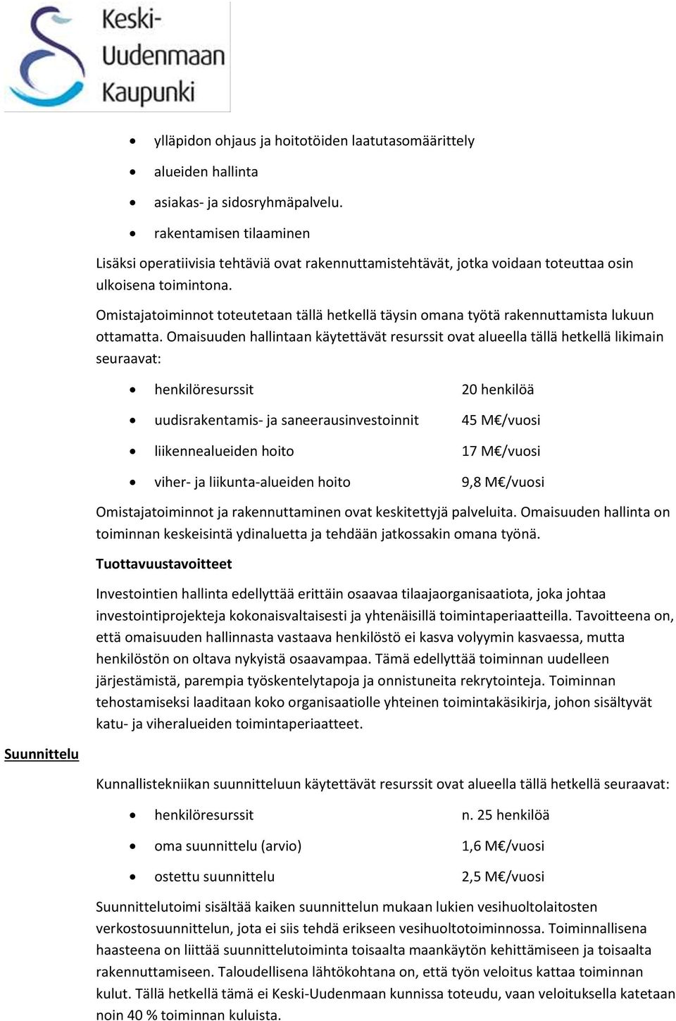 Omistajatoiminnot toteutetaan tällä hetkellä täysin omana työtä rakennuttamista lukuun ottamatta.