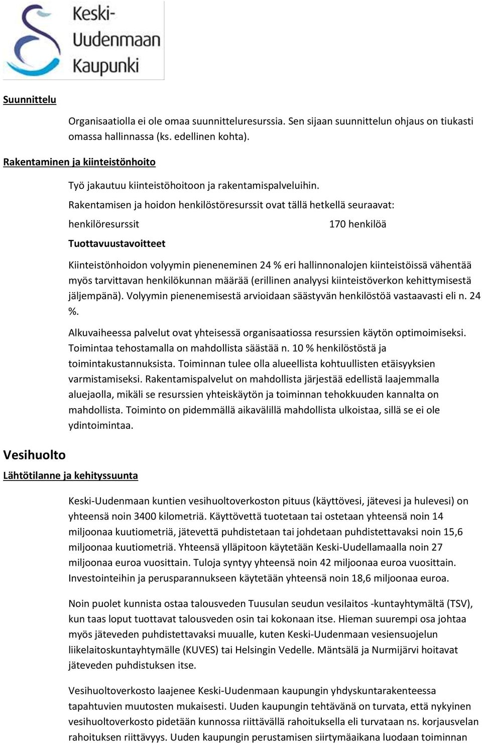 Rakentamisen ja hoidon henkilöstöresurssit ovat tällä hetkellä seuraavat: henkilöresurssit Tuottavuustavoitteet 170 henkilöä Kiinteistönhoidon volyymin pieneneminen 24 % eri hallinnonalojen