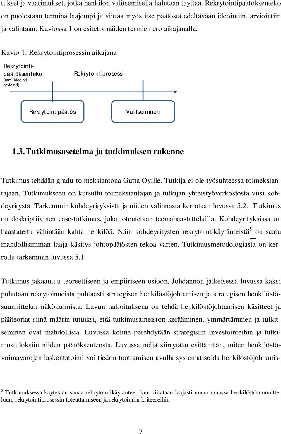 Kuvio 1: Rekrytointiprosessin aikajana Rekrytointipäätöksenteko (mm. ideointi, arviointi) Rekrytointiprosessi Rekrytointipäätös Valitseminen 1.3.