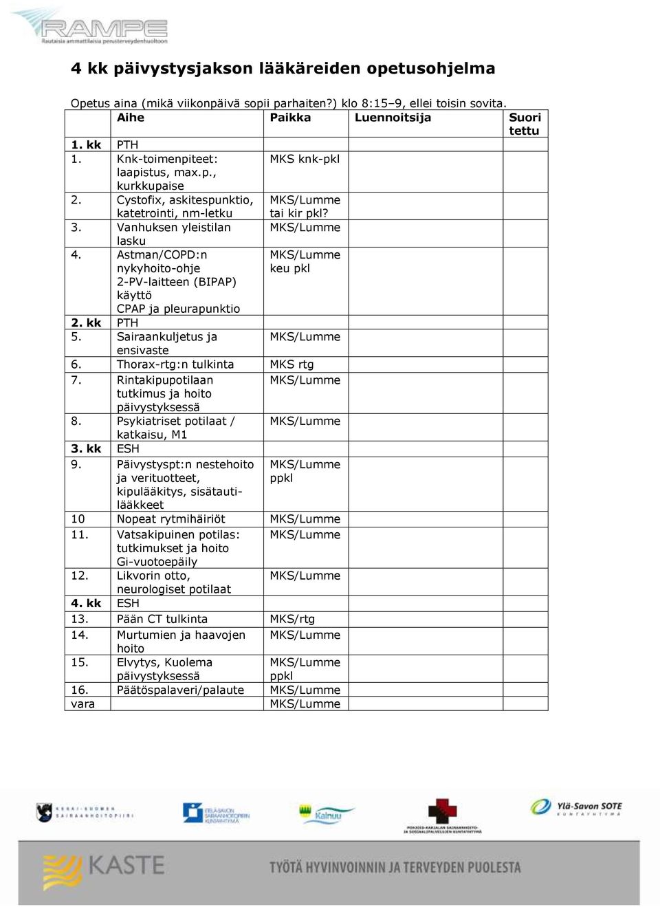 Astman/COPD:n nykyhoito-ohje 2-PV-laitteen (BIPAP) käyttö CPAP ja pleurapunktio 2. kk PTH 5. Sairaankuljetus ja ensivaste keu pkl 6. Thorax-rtg:n tulkinta MKS rtg 7.