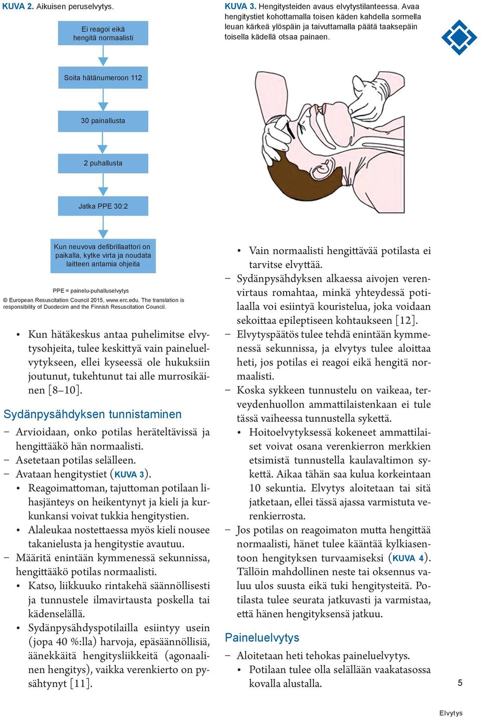 Soita hätänumeroon 112 30 painallusta 2 puhallusta Jatka PPE 30:2 Kun neuvova defibrillaattori on paikalla, kytke virta ja noudata laitteen antamia ohjeita PPE = painelu-puhalluselvytys European