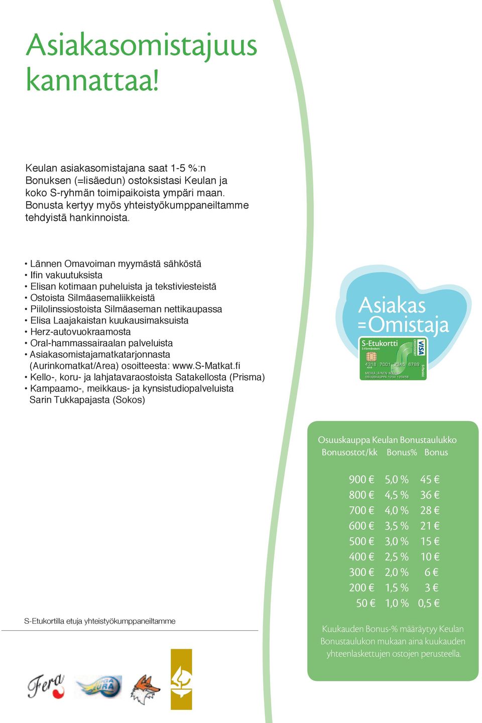 Lännen Omavoiman myymästä sähköstä Ifin vakuutuksista Elisan kotimaan puheluista ja tekstiviesteistä Ostoista Silmäasemaliikkeistä Piilolinssiostoista Silmäaseman nettikaupassa Elisa Laajakaistan