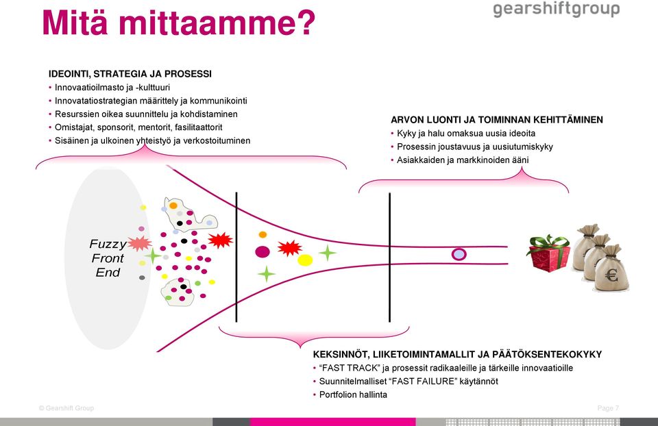 Omistajat, sponsorit, mentorit, fasilitaattorit Sisäinen ja ulkoinen yhteistyö ja verkostoituminen ARVON LUONTI JA TOIMINNAN KEHITTÄMINEN Kyky ja halu omaksua