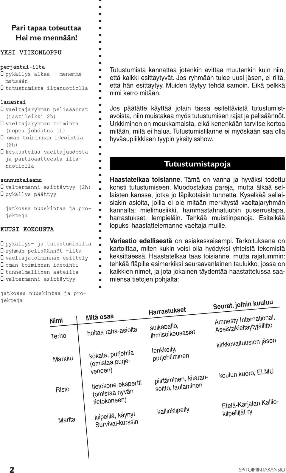 toiminnan ideointia (2h) keskustelua vaeltajuudesta ja partioaatteesta iltanuotiolla sunnuntaiaamu valtermanni esittäytyy (2h) pykällys päättyy jatkossa nuuskintaa ja projekteja KUUSI KOKOUSTA