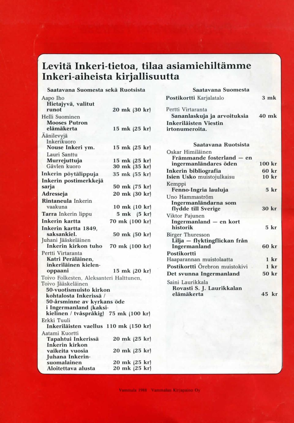 Lauri Santtu Murrejuttuja Gavlen kuoro Inkcrin poytalippuja Inkerin postimerkkeja sarja Adresseja Rintaneula Inkerin vaakuna Tarra Inkerin lippu Inkerin kartta Inkerin kartta 1849, saksankiel.