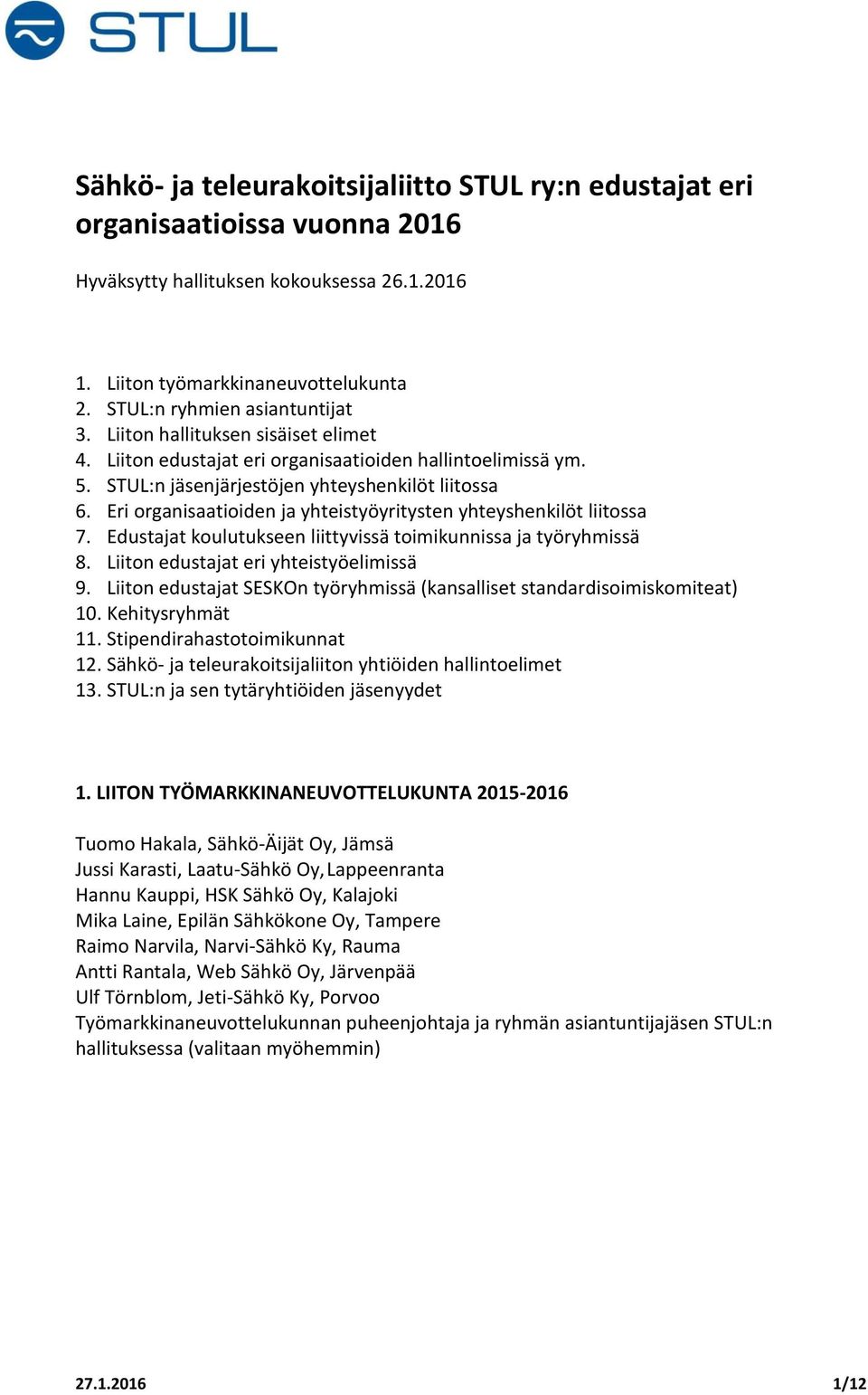 Eri organisaatioiden ja yhteistyöyritysten yhteyshenkilöt liitossa 7. Edustajat koulutukseen liittyvissä toimikunnissa ja työryhmissä 8. Liiton edustajat eri yhteistyöelimissä 9.