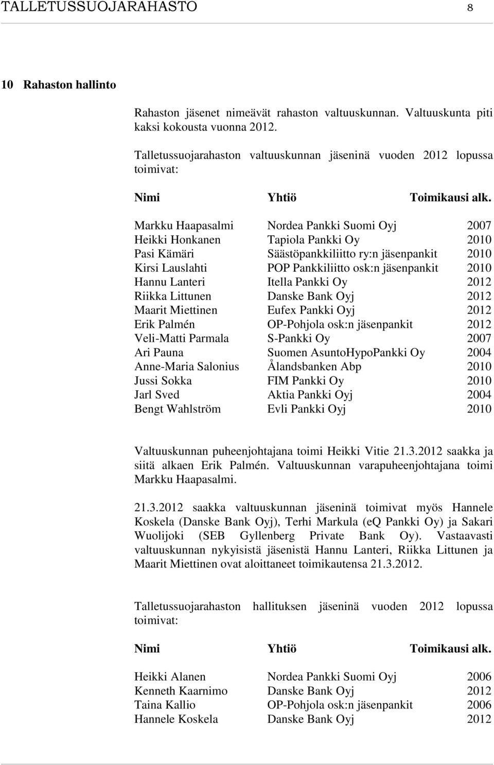 Markku Haapasalmi Nordea Pankki Suomi Oyj 2007 Heikki Honkanen Tapiola Pankki Oy 2010 Pasi Kämäri Säästöpankkiliitto ry:n jäsenpankit 2010 Kirsi Lauslahti POP Pankkiliitto osk:n jäsenpankit 2010