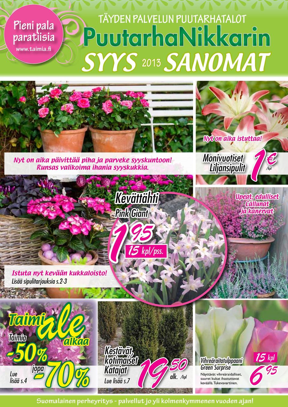 2-3 Kevättähti Pink Giant 1 15 kpl/pss. Monivuotiset Liljansipulit 1 Upeat, edulliset Callunat ja kanervat Taimi Taimia -50% Lue lisää s.