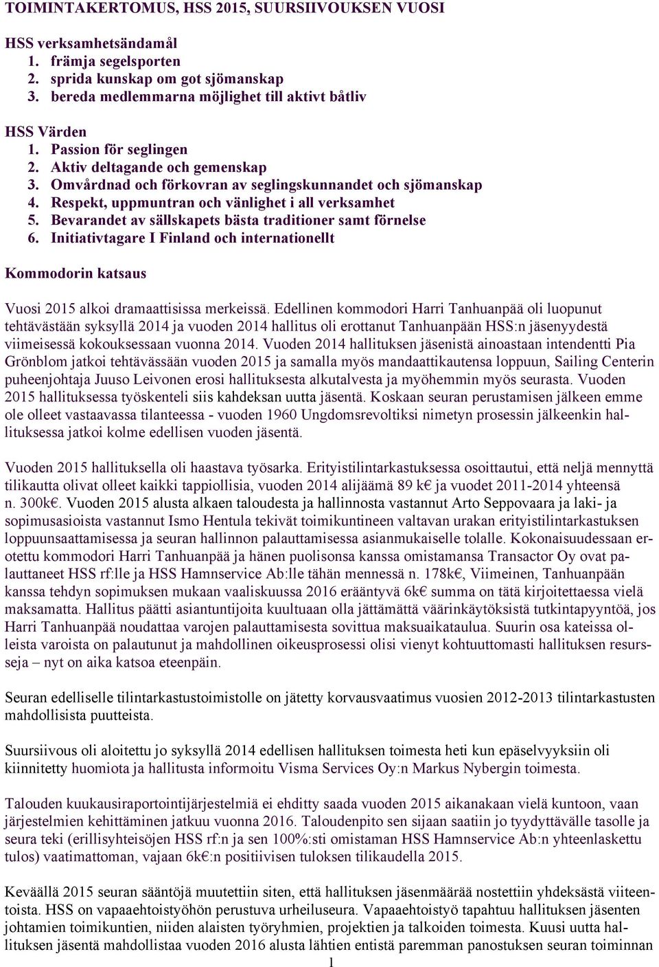 Bevarandet av sällskapets bästa traditioner samt förnelse 6. Initiativtagare I Finland och internationellt Kommodorin katsaus Vuosi 2015 alkoi dramaattisissa merkeissä.