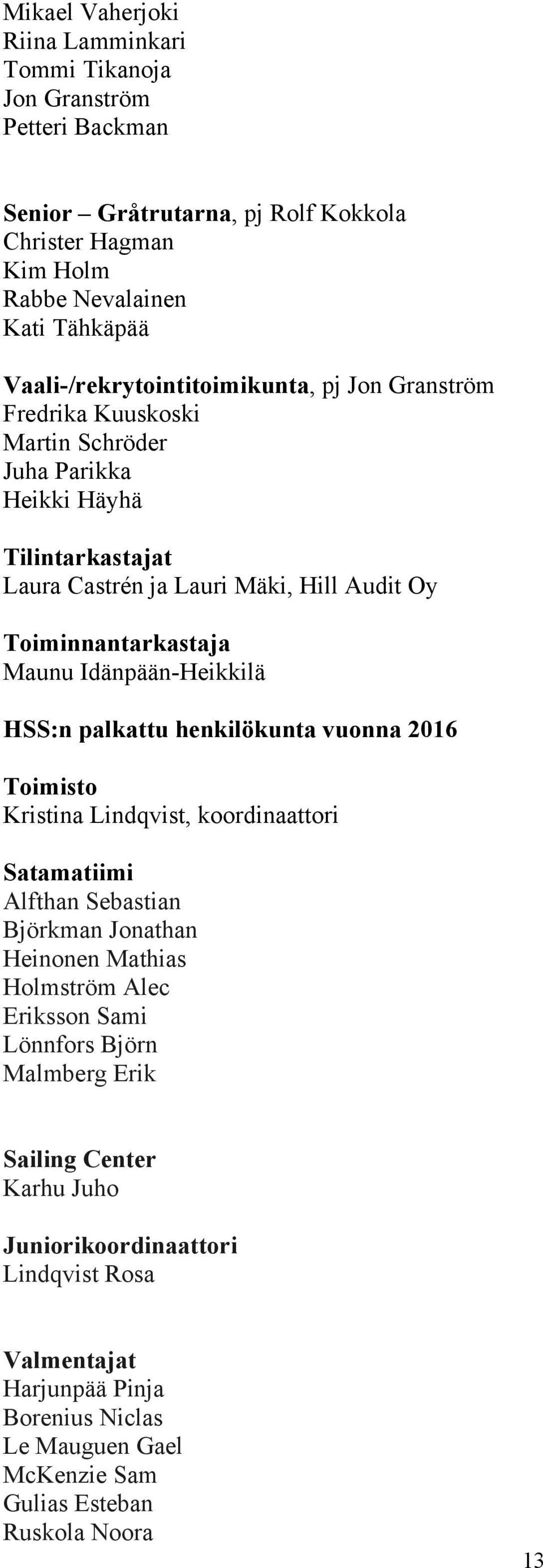 Maunu Idänpään-Heikkilä HSS:n palkattu henkilökunta vuonna 2016 Toimisto Kristina Lindqvist, koordinaattori Satamatiimi Alfthan Sebastian Björkman Jonathan Heinonen Mathias Holmström Alec