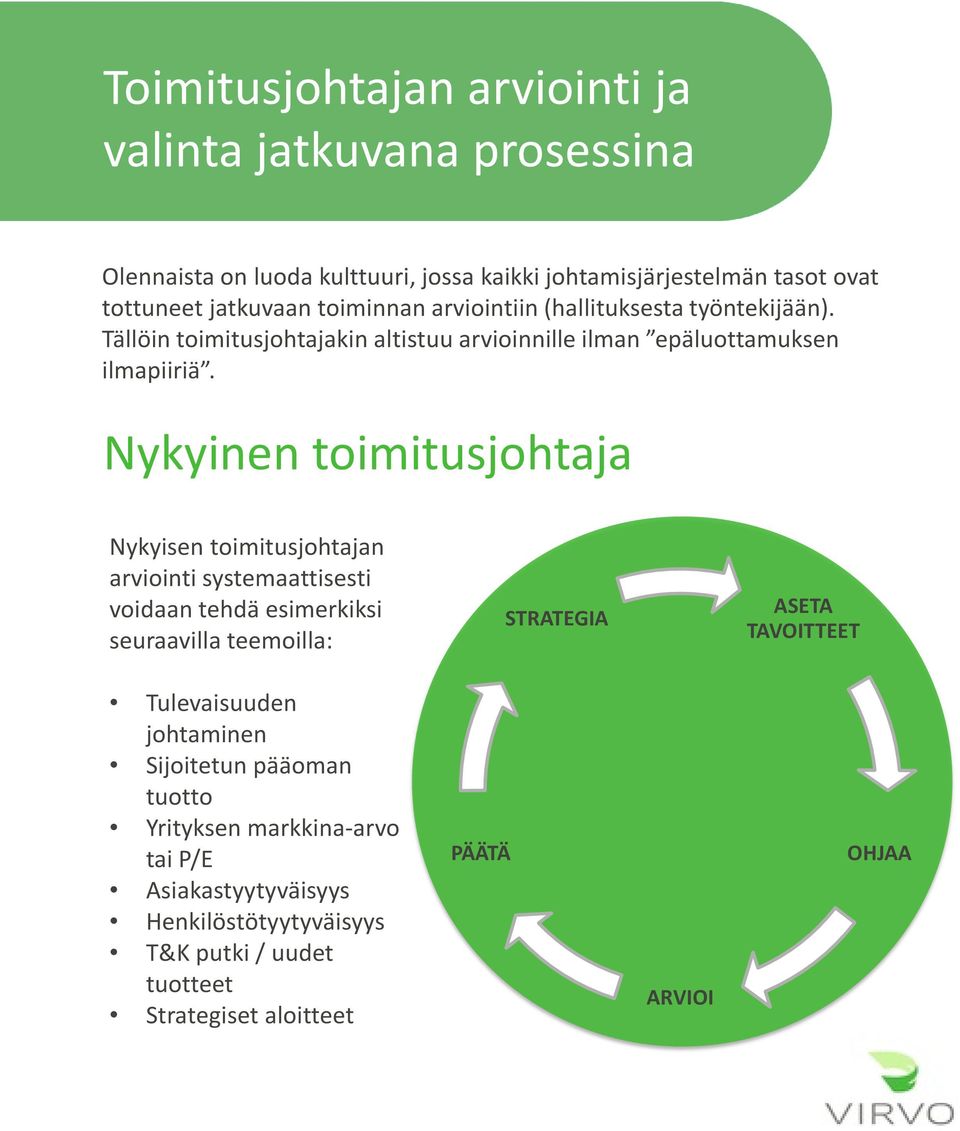 Nykyinen toimitusjohtaja Nykyisen toimitusjohtajan arviointi systemaattisesti voidaan tehdä esimerkiksi seuraavilla teemoilla: STRATEGIA ASETA TAVOITTEET