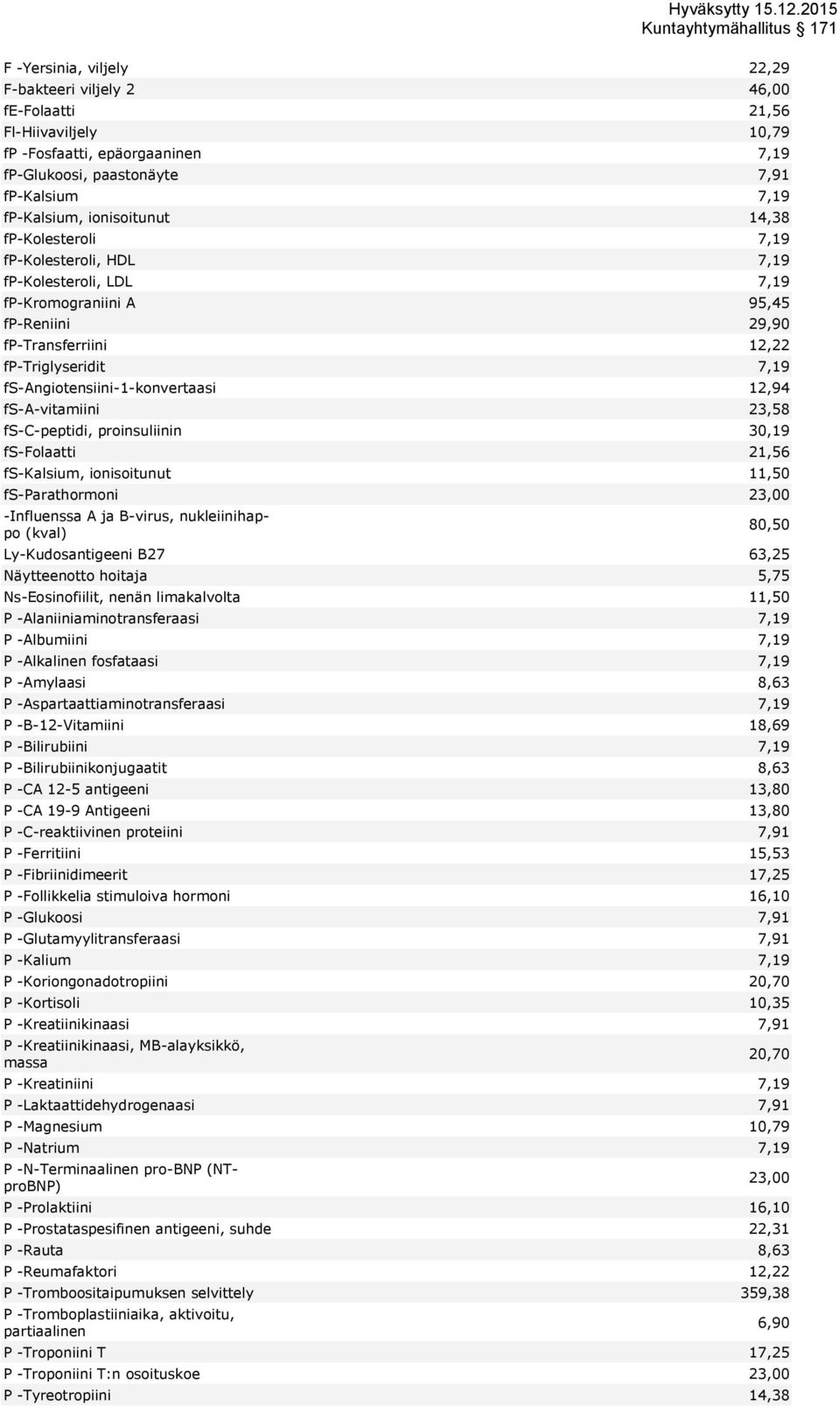 fs-a-vitamiini 23,58 fs-c-peptidi, proinsuliinin 30,19 fs-folaatti 21,56 fs-kalsium, ionisoitunut 11,50 fs-parathormoni 23,00 -Influenssa A ja B-virus, nukleiinihappo (kval) 80,50 Ly-Kudosantigeeni