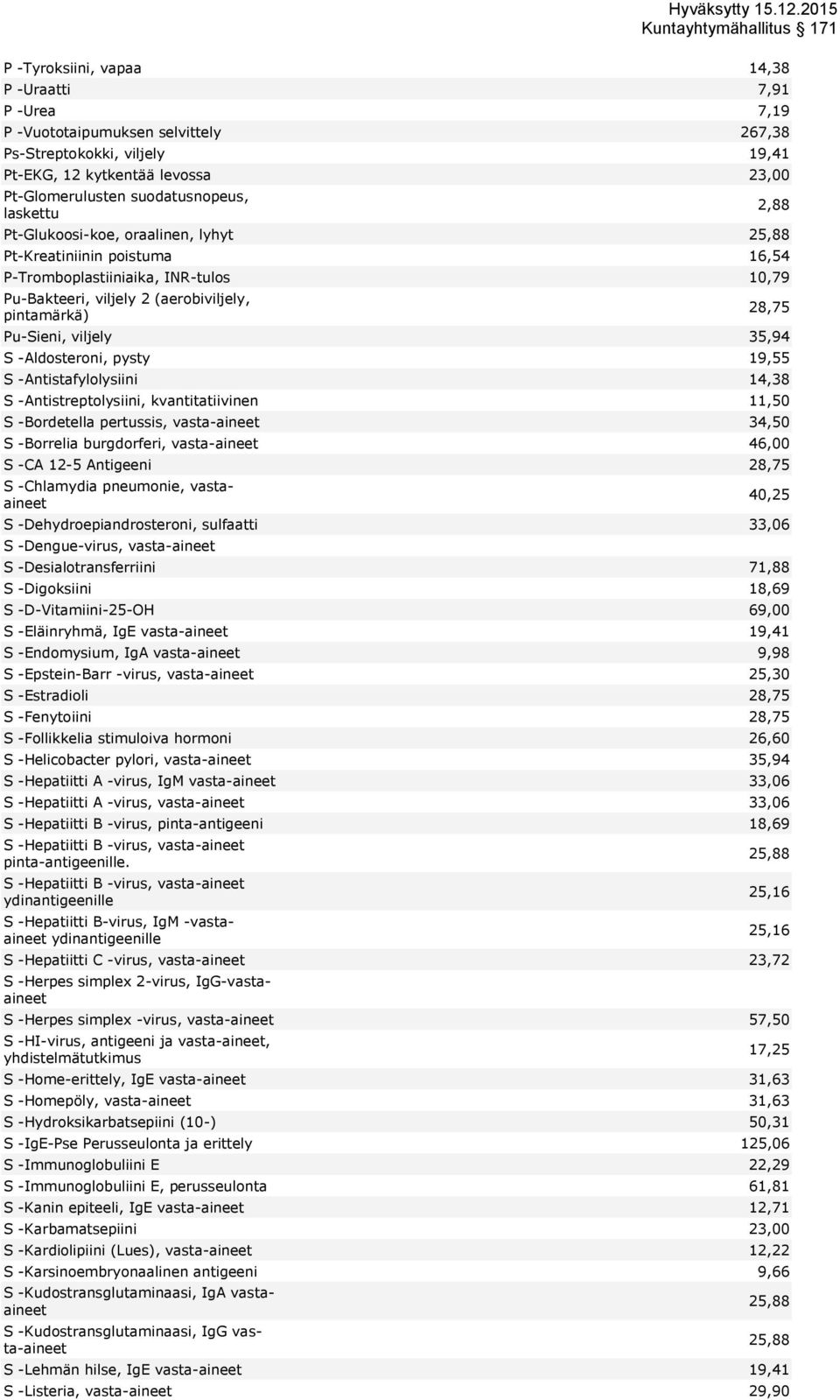 35,94 S -Aldosteroni, pysty 19,55 S -Antistafylolysiini 14,38 S -Antistreptolysiini, kvantitatiivinen 11,50 S -Bordetella pertussis, vasta-aineet 34,50 S -Borrelia burgdorferi, vasta-aineet 46,00 S