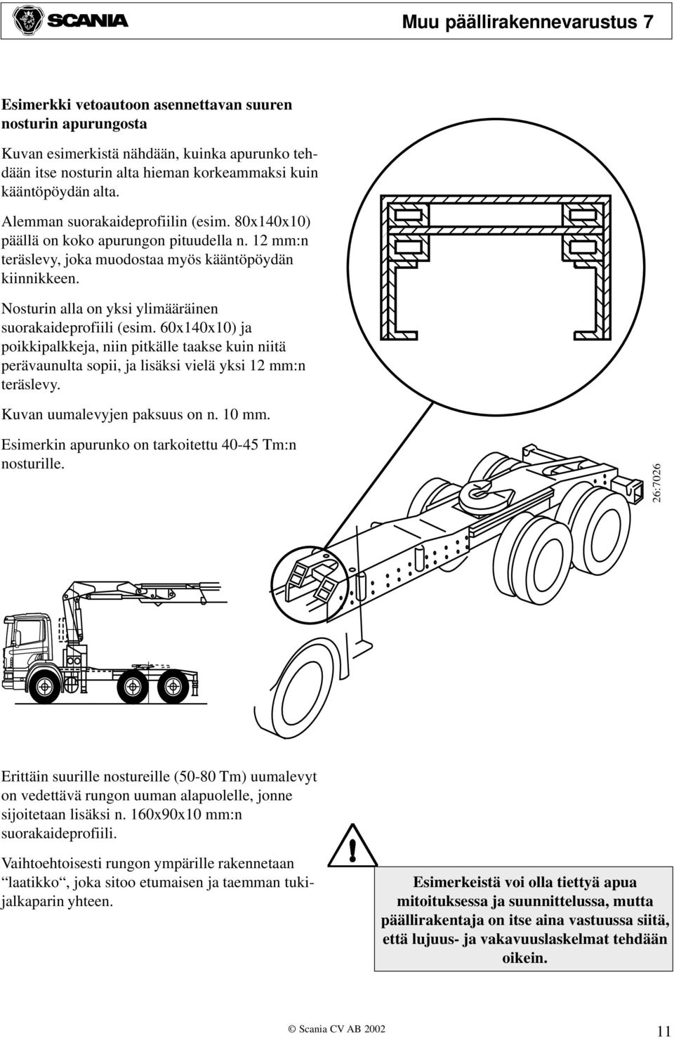 Nosturin alla on yksi ylimääräinen suorakaideprofiili (esim. 60x140x10) ja poikkipalkkeja, niin pitkälle taakse kuin niitä perävaunulta sopii, ja lisäksi vielä yksi 12 mm:n teräslevy.