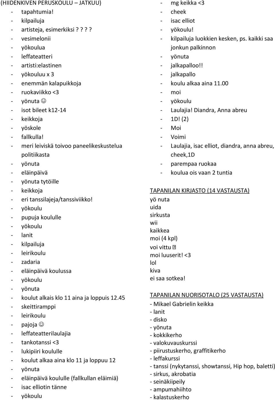 - meri leiviskä toivoo paneelikeskustelua politiikasta - eläinpäivä tytöille - keikkoja - eri tanssilajeja/tanssiviikko!