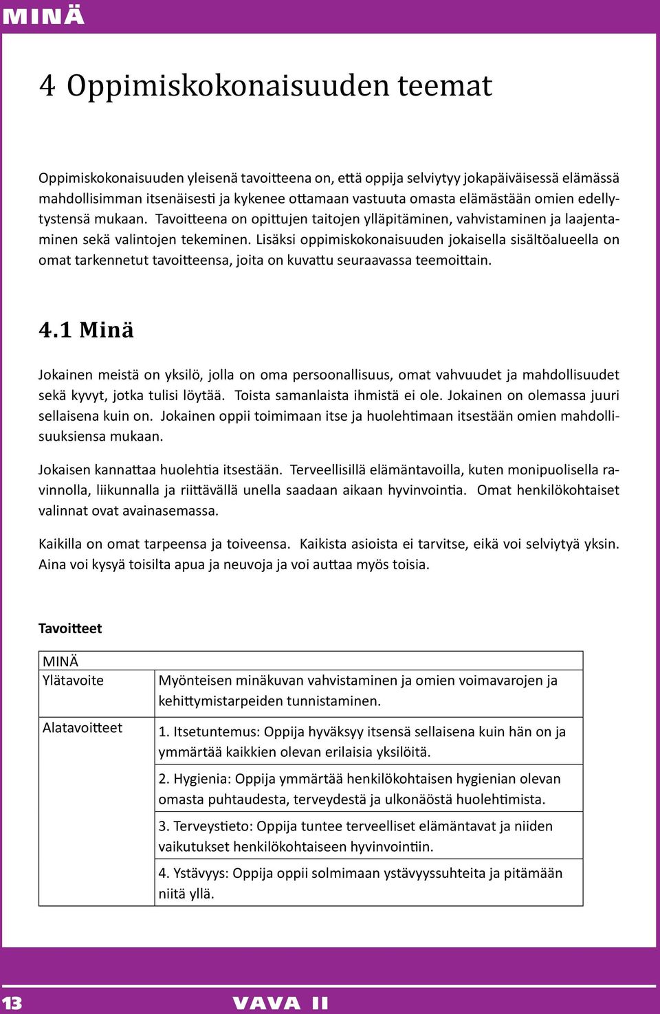 Lisäksi oppimiskokonaisuuden jokaisella sisältöalueella on omat tarkennetut tavoitteensa, joita on kuvattu seuraavassa teemoittain. 4.