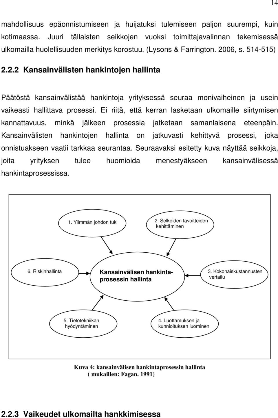 06, s. 514-515) 2.2.2 Kansainvälisten hankintojen hallinta Päätöstä kansainvälistää hankintoja yrityksessä seuraa monivaiheinen ja usein vaikeasti hallittava prosessi.