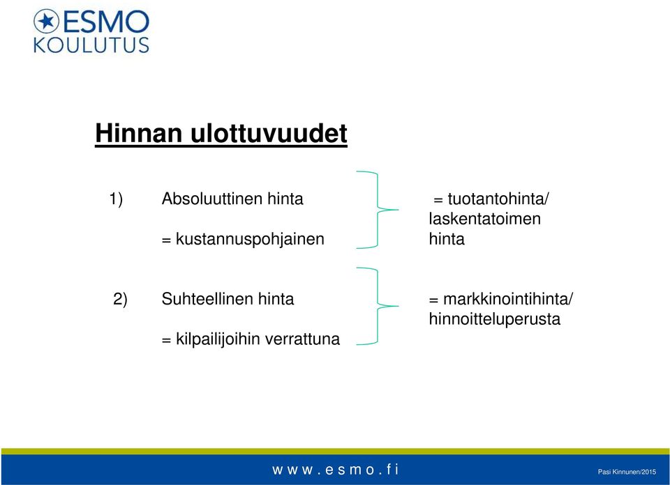 kustannuspohjainen hinta 2) Suhteellinen hinta