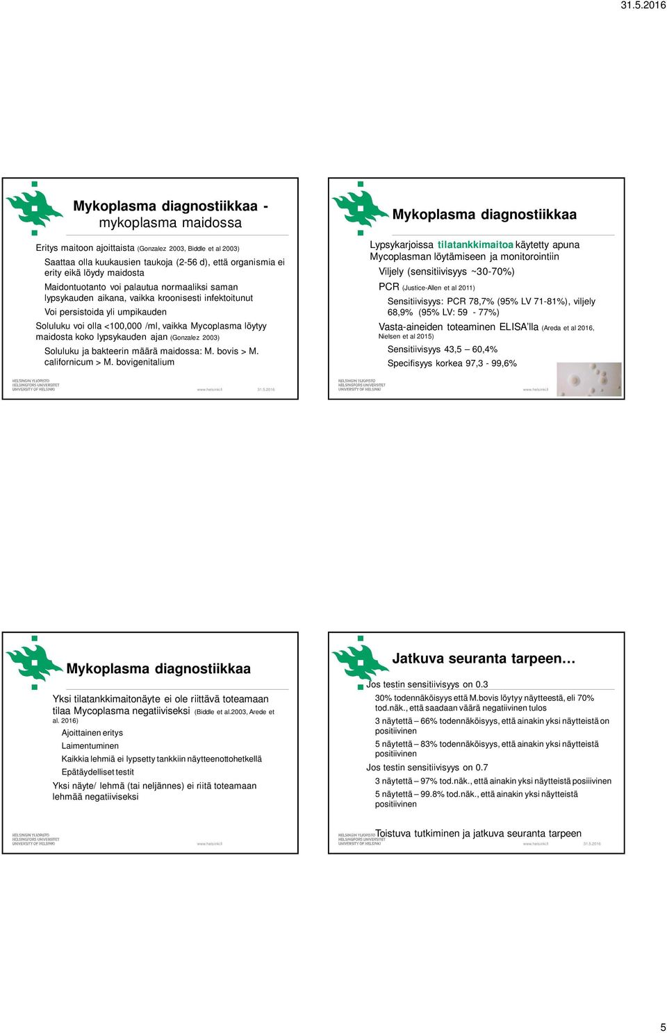 2003) Soluluku ja bakteerin määrä maidossa: M. bovis > M. californicum > M.