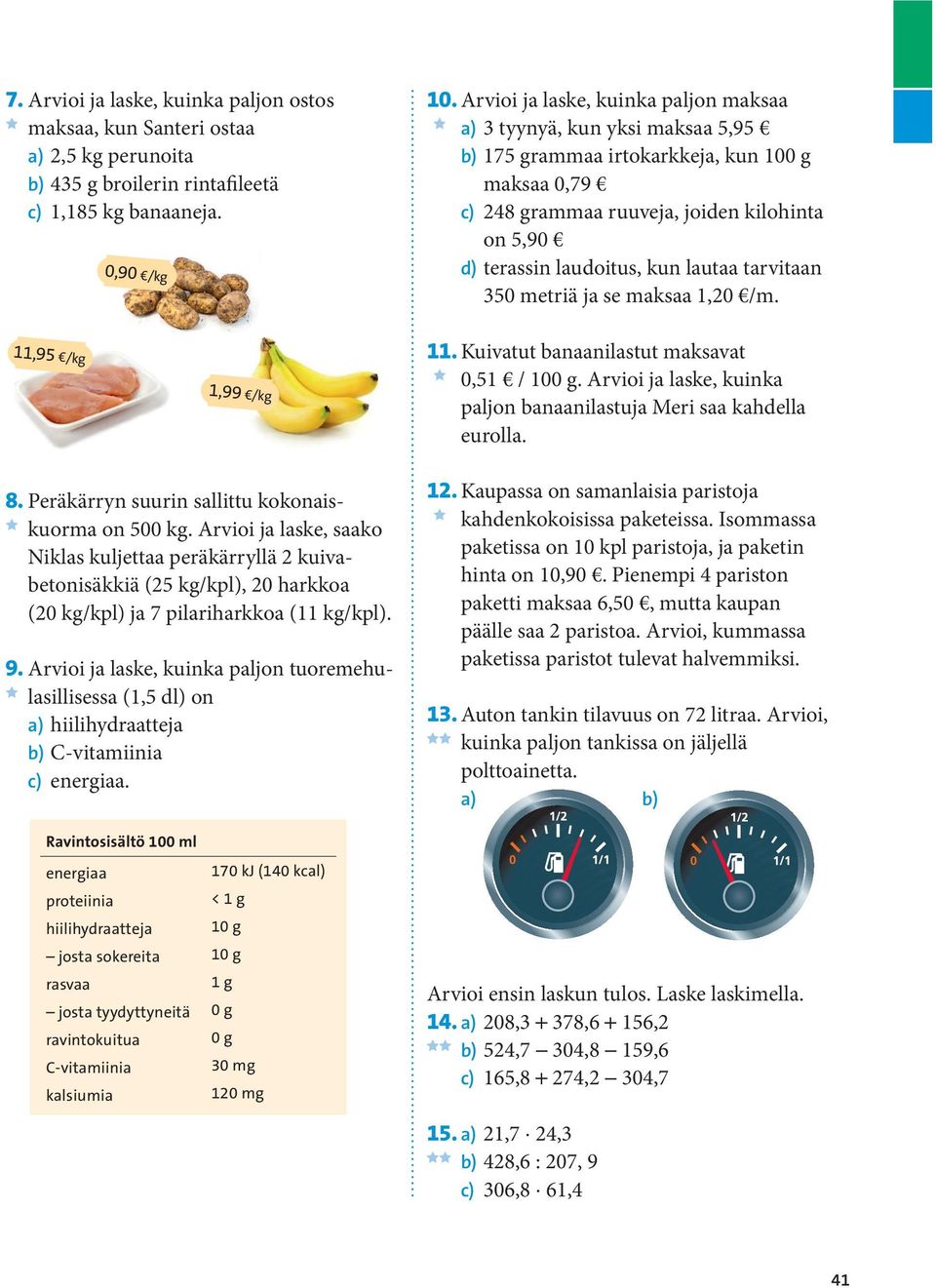 lautaa tarvitaan 350 metriä ja se maksaa 1,20 /m. 11,95 /kg 1,99 /kg 11. Kuivatut banaanilastut maksavat 0,51 / 100 g. Arvioi ja laske, kuinka paljon banaanilastuja Meri saa kahdella eurolla. 8.