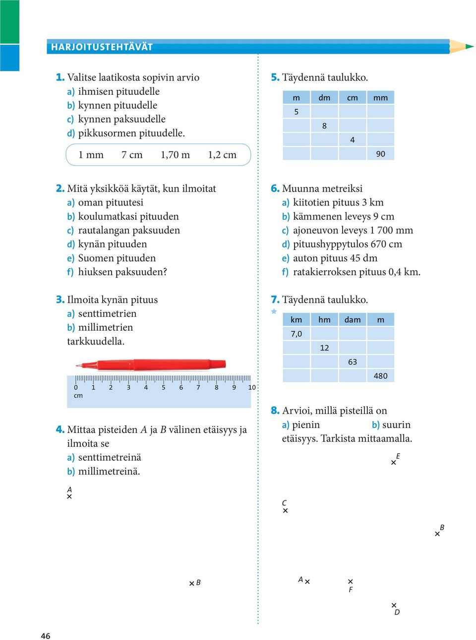 Ilmoita kynän pituus a) senttimetrien b) millimetrien tarkkuudella.,,,, cm 4. Mittaa pisteiden A ja B välinen etäisyys ja ilmoita se a) senttimetreinä b) millimetreinä. A 6.