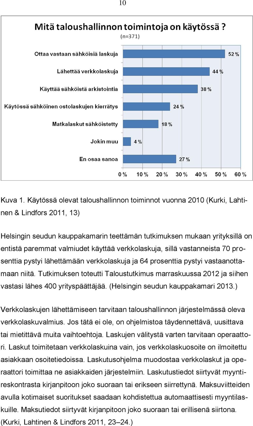 käyttää verkkolaskuja, sillä vastanneista 70 prosenttia pystyi lähettämään verkkolaskuja ja 64 prosenttia pystyi vastaanottamaan niitä.