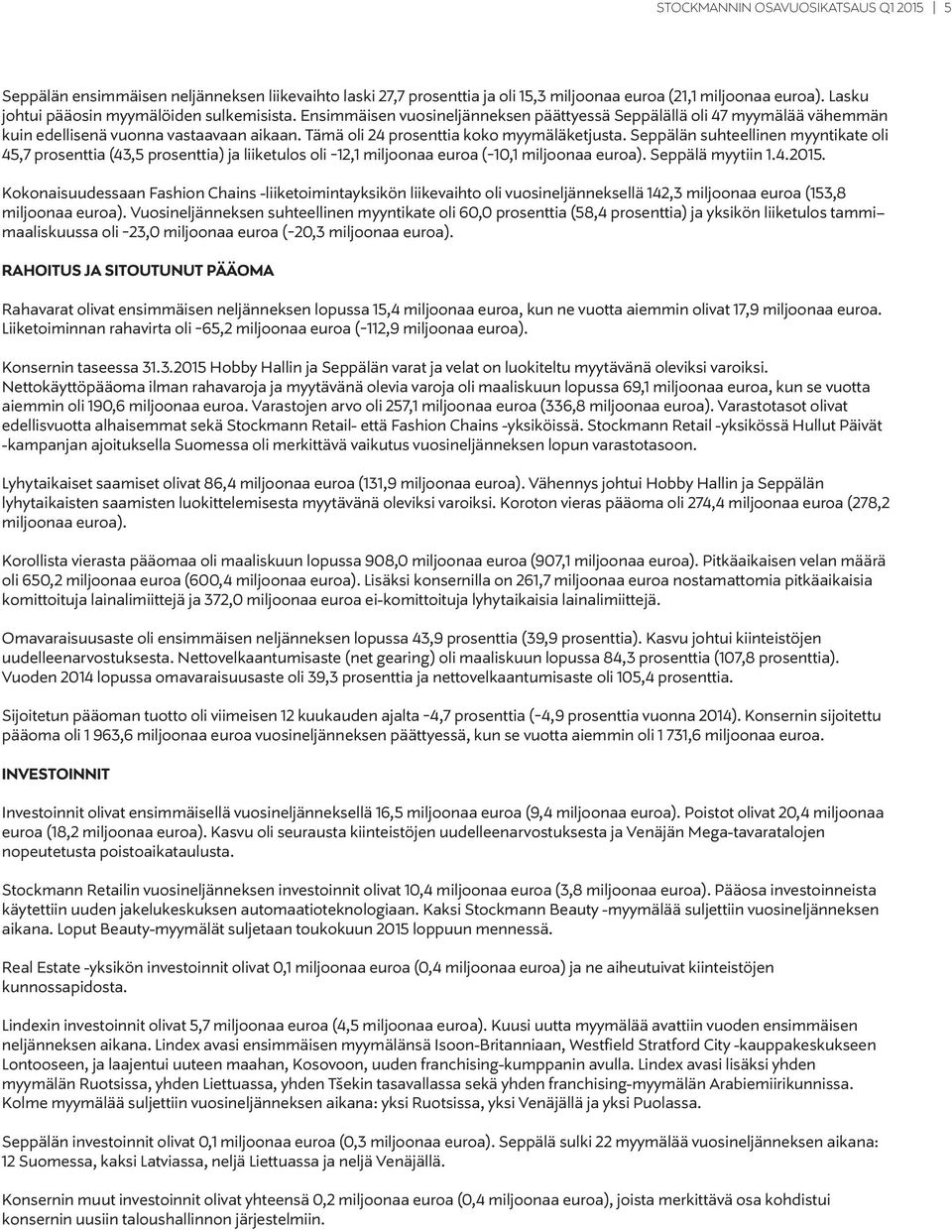 Tämä oli 24 prosenttia koko myymäläketjusta. Seppälän suhteellinen myyntikate oli 45,7 prosenttia (43,5 prosenttia) ja liiketulos oli -12,1 miljoonaa euroa (-10,1 miljoonaa euroa). Seppälä myytiin 1.