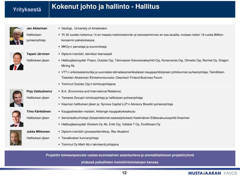 MKOy:n perustaja ja suuromistaja Tapani Järvinen Hallituksen jäsen Diplomi-insinööri, tekniikan lisensiaatti Hallitusjäsenyydet: Finpro, Outotec Oyj, Talvivaaran Kaivososakeyhtiö Oyj, Konecranes Oyj,