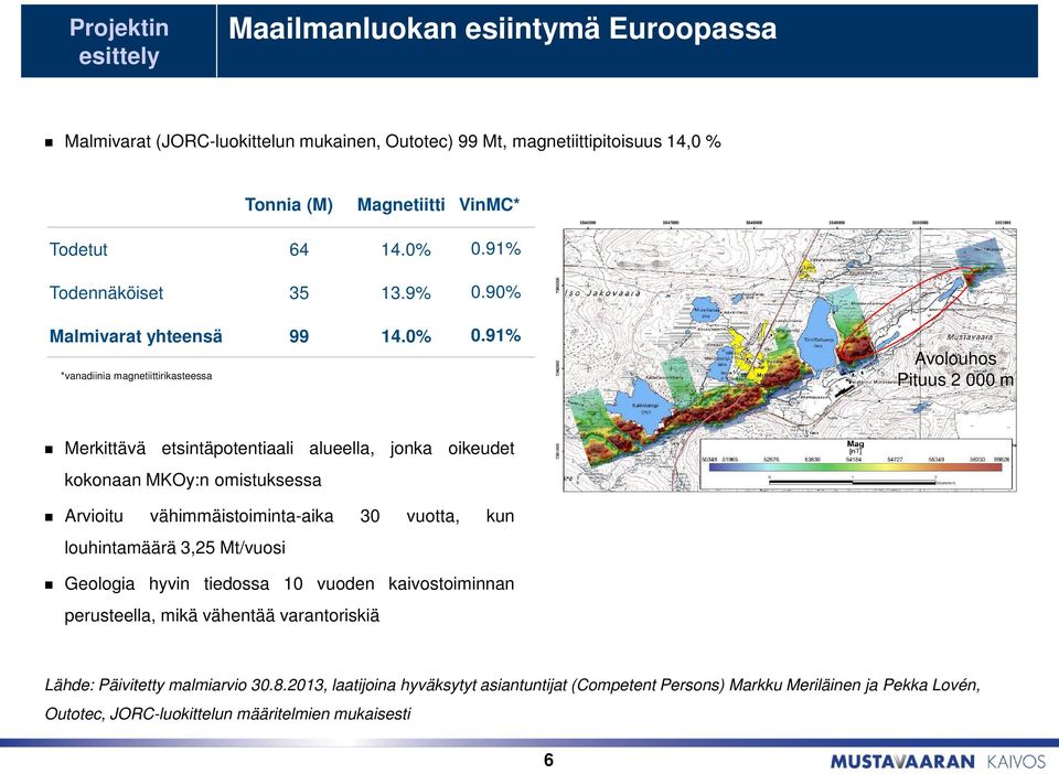 91% *vanadiinia magnetiittirikasteessa Avolouhos Pituus 2 000 m Merkittävä etsintäpotentiaali alueella, jonka oikeudet kokonaan MKOy:n omistuksessa Arvioitu vähimmäistoiminta-aika 30