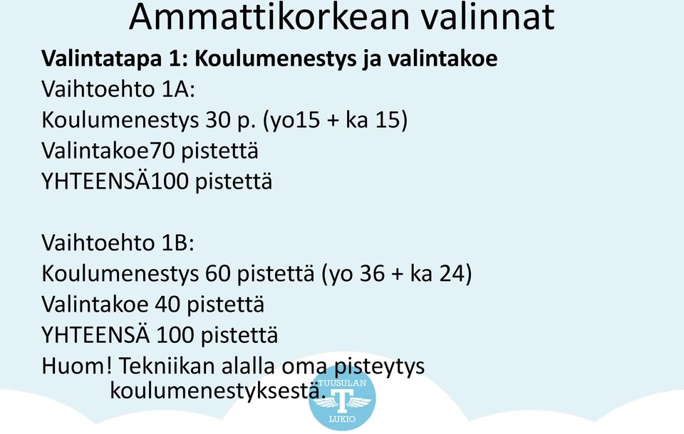 (yo15 + ka 15) Valintakoe70 pistettä YHTEENSÄ100 pistettä Vaihtoehto 1B: