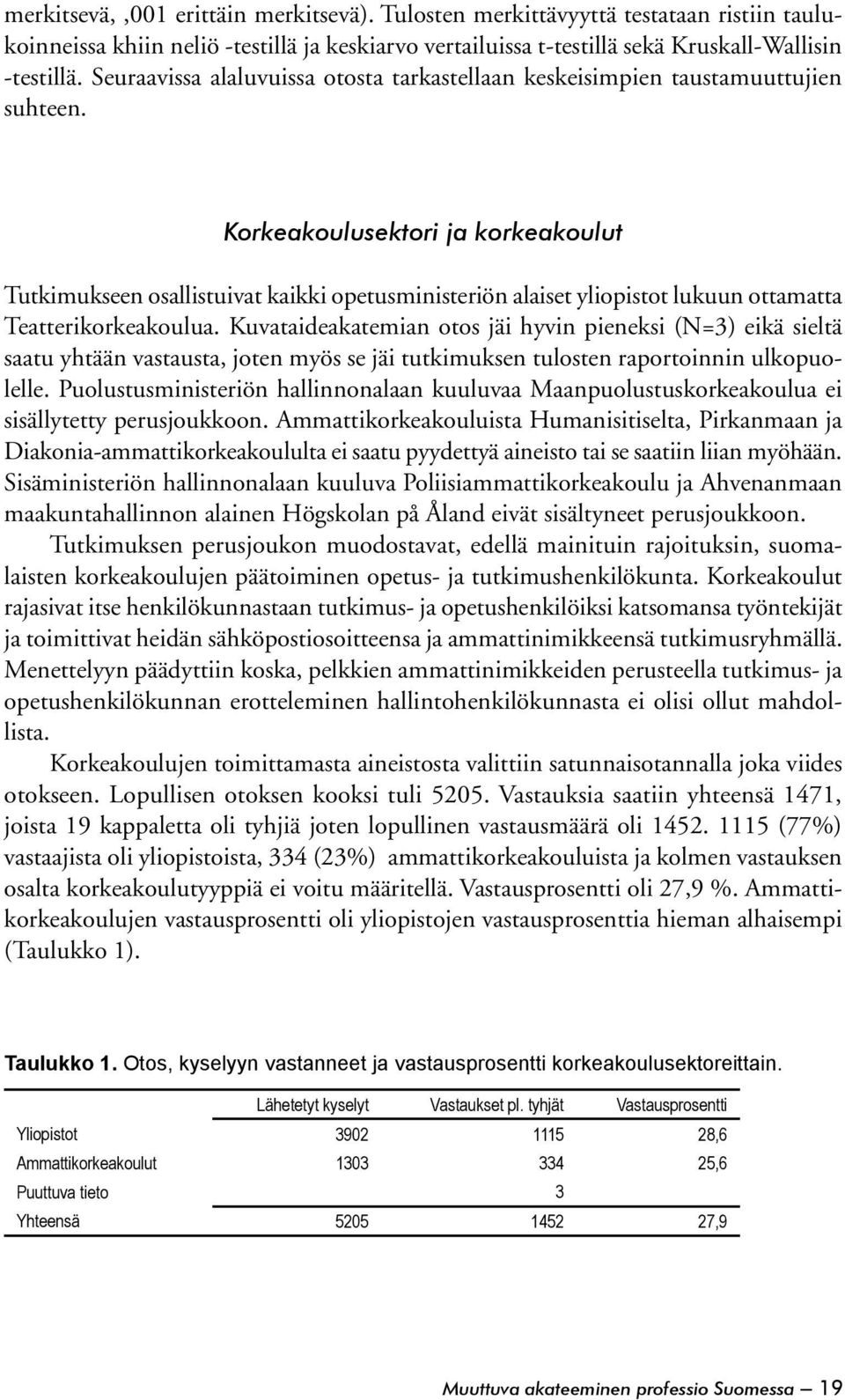 Korkeakoulusektori ja korkeakoulut Tutkimukseen osallistuivat kaikki opetusministeriön alaiset yliopistot lukuun ottamatta Teatterikorkeakoulua.