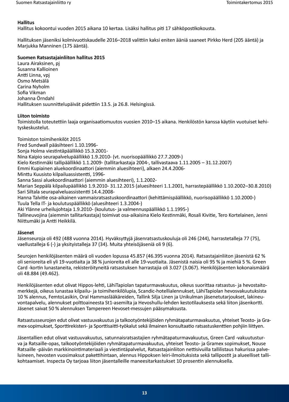 Suomen Ratsastajainliiton hallitus 2015 Laura Airaksinen, pj Susanna Kallioinen Antti Linna, vpj Osmo Metsälä Carina Nyholm Sofia Vikman Johanna Örndahl Hallituksen suunnittelupäivät pidettiin 13.5. ja 26.