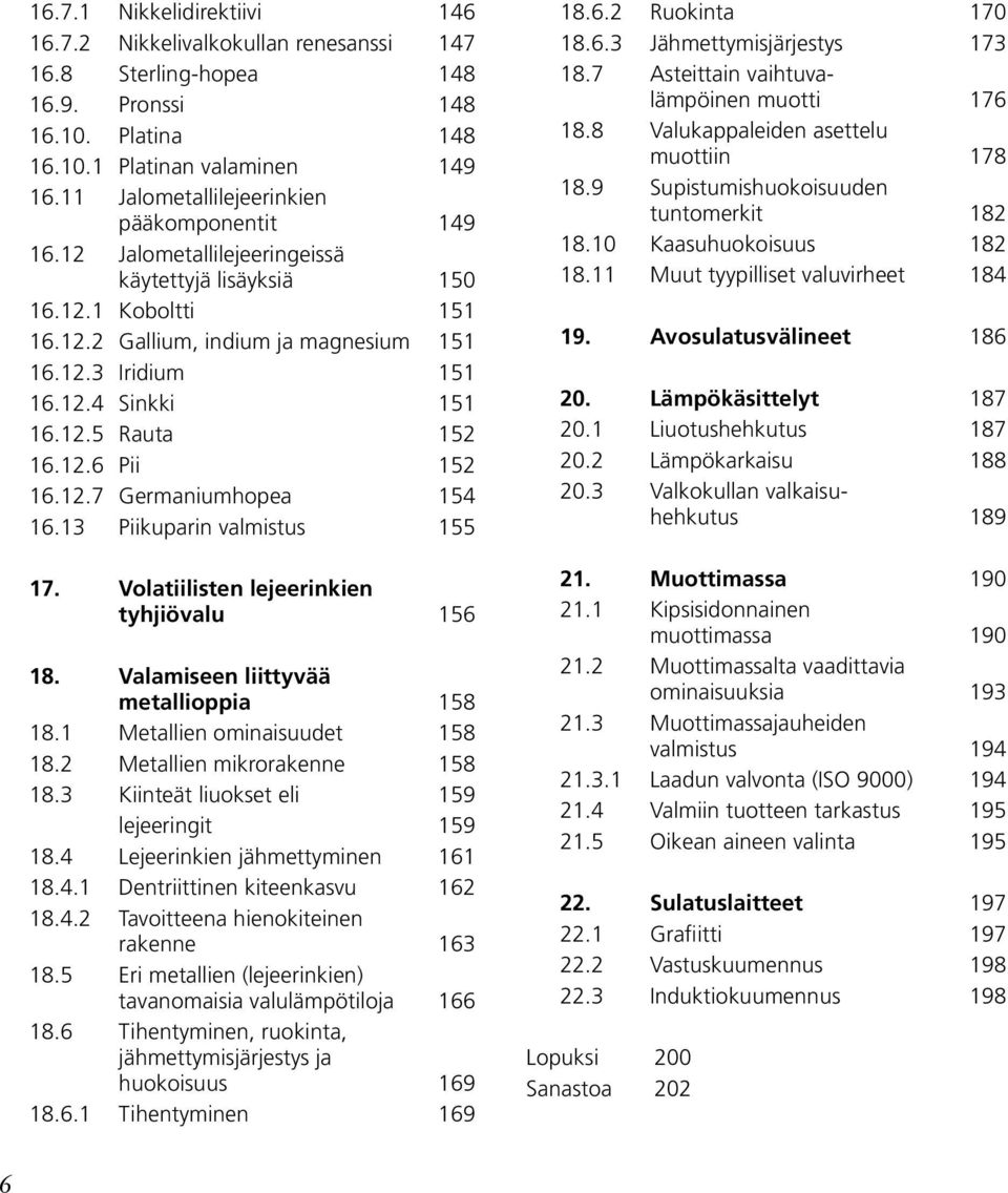 12.5 Rauta 152 16.12.6 Pii 152 16.12.7 Germaniumhopea 154 16.13 Piikuparin valmistus 155 17. Volatiilisten lejeerinkien tyhjiövalu 156 18. Valamiseen liittyvää metallioppia 158 18.