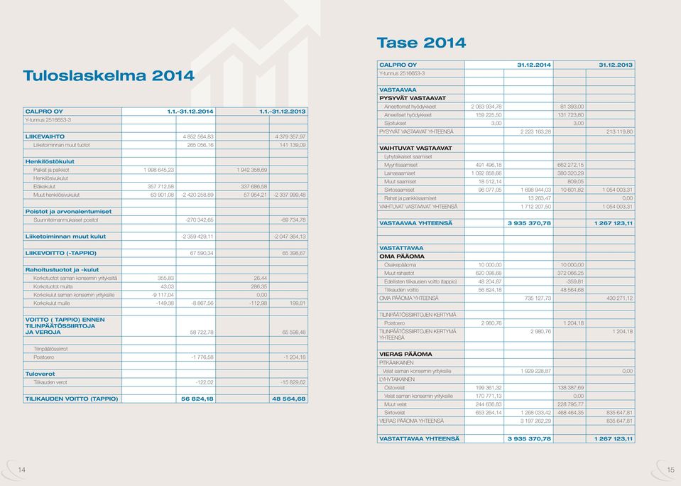2013 Y-tunnus 2516653-3 LIIKEVAIHTO 4 852 564,83 4 379 357,97 Liiketoiminnan muut tuotot 265 056,16 141 139,09 Henkilöstökulut Palkat ja palkkiot 1 998 645,23 1 942 358,69 Henkilösivukulut Eläkekulut