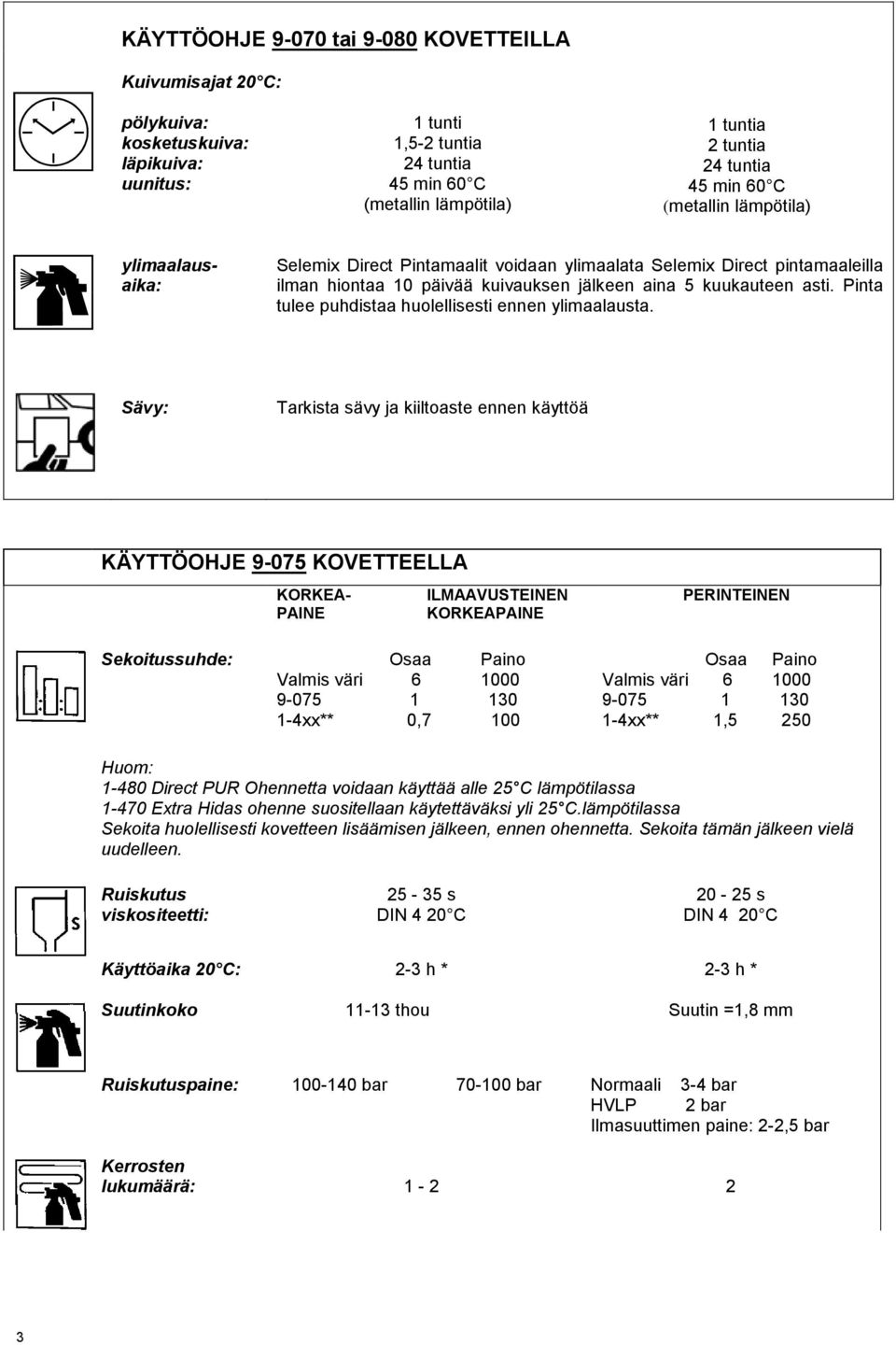 Sävy: Tarkista sävy ja kiiltoaste ennen käyttöä KÄYTTÖOHJE 9-075 KOVETTEELLA KORKEA- PAINE ILMAAVUSTEINEN KORKEAPAINE Sekoitussuhde: Valmis väri 6 1000 9-075 1 130 1-4xx** 0,7 100 Valmis väri 6 1000