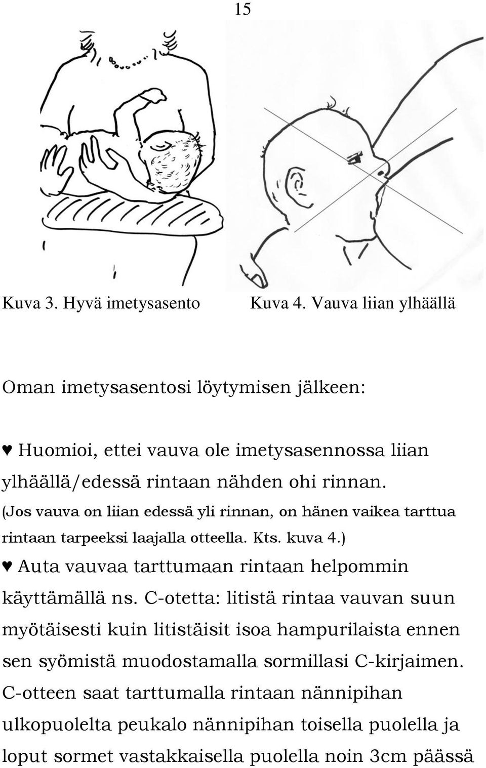 (Jos vauva on liian edessä yli rinnan, on hänen vaikea tarttua rintaan tarpeeksi laajalla otteella. Kts. kuva 4.