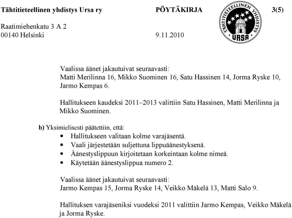 b) Yksimielisesti päätettiin, että: Hallitukseen valitaan kolme varajäsentä. Vaali järjestetään suljettuna lippuäänestyksenä.