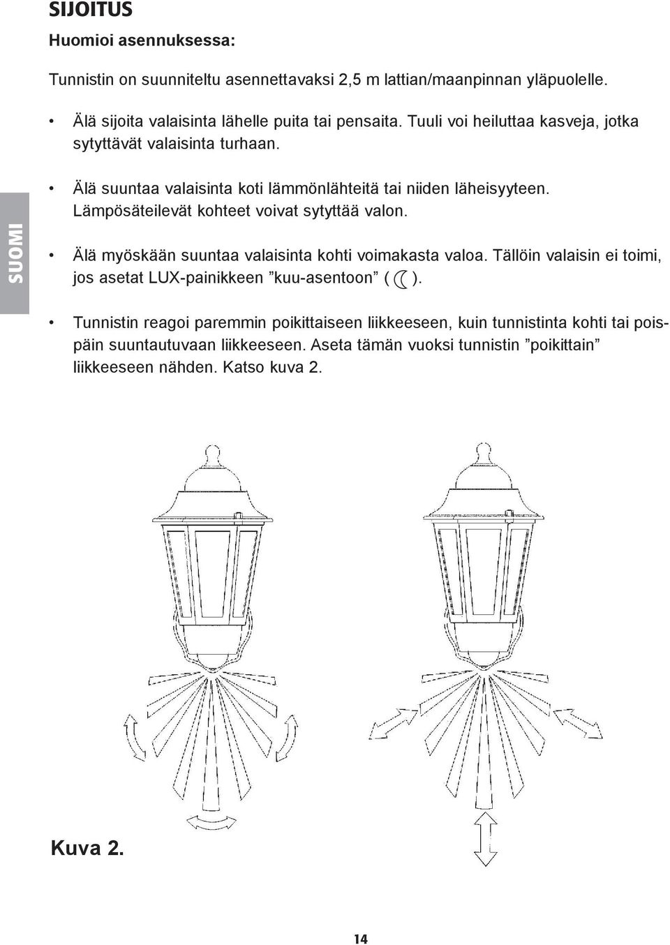 Lämpösäteilevät kohteet voivat sytyttää valon. SUOMI Älä myöskään suuntaa valaisinta kohti voimakasta valoa.