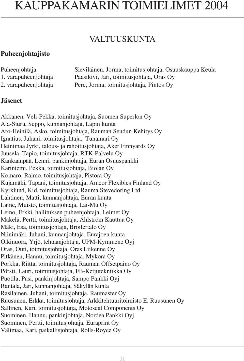 toimitusjohtaja, Rauman Seudun Kehitys Oy Ignatius, Juhani, toimitusjohtaja, Tunamari Oy Heinimaa Jyrki, talous- ja rahoitusjohtaja, Aker Finnyards Oy Juusela, Tapio, toimitusjohtaja, RTK-Palvelu Oy