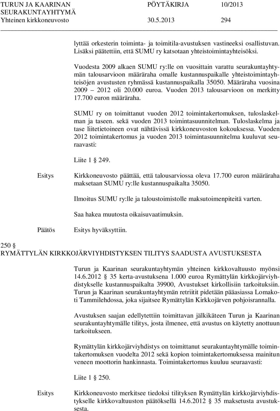 Määräraha vuosina 2009 2012 oli 20.000 euroa. Vuoden 2013 talousarvioon on merkitty 17.700 euron määräraha. SUMU ry on toimittanut vuoden 2012 toimintakertomuksen, tuloslaskelman ja taseen.